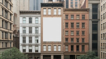 Obraz premium A blank billboard rests on a weathered brick building, contrasting sharply with the dark red bricks and surrounded by neighboring architecture and windows
