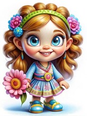 A colorful illustration of a girl in a vibrant dress adorned with flowers, holding a large pink flower in her hand.