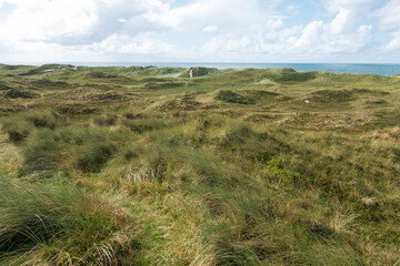 Nordseeküste mit grünen Dünen und Blick über das Meer