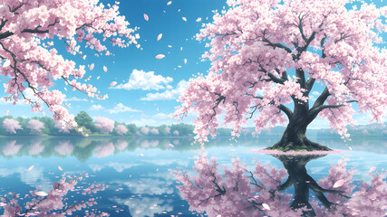 Serene Cherry Blossom Tree by Tranquil Lake