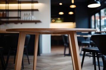 Minimalist Wooden Table in a Blurred Caf� Interior