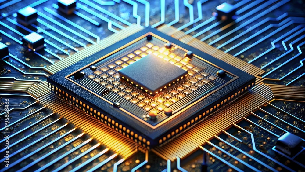 Poster modern cpu processor is illuminating the motherboard circuitry
