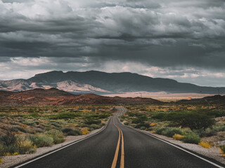 Fototapeta premium A winding road through arid desert landscape under dark clouds