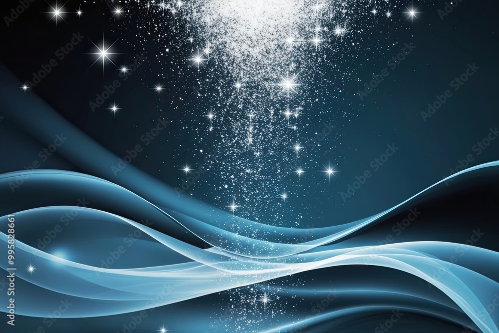 Poster luminous white particles cascade over a flowing abstract backdrop with sparkling stars