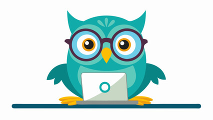 A cute owl wearing glasses is sitting on the laptop with a white background. An owl with glasses and a surprised look. high quality vector