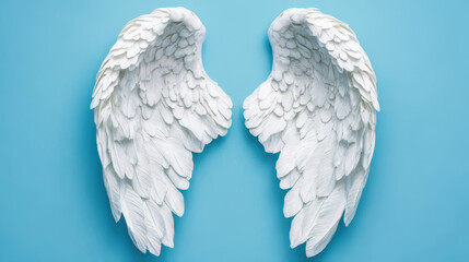 Fototapeta premium White Angel Wings Displayed Against a Serene Blue Background for Artistic Effect