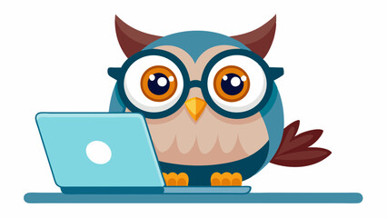 A cute owl wearing glasses is sitting on the laptop with a white background. An owl with glasses and a surprised look. high quality vector