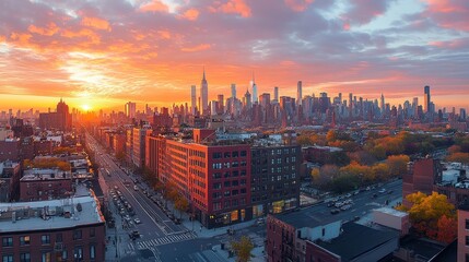 Industrial-grade canvas wraps tightly around a multi-story building during renovation, with a city skyline in the distance, sunrise light reflecting