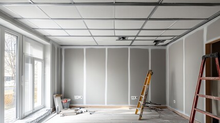Installation of plasterboard ceiling with a metal profile structure, renovation space with incomplete walls and tools, housing improvement scene