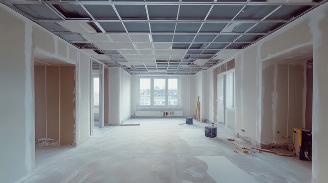 Installation of plasterboard ceiling with a metal profile structure, renovation space with incomplete walls and tools, housing improvement scene
