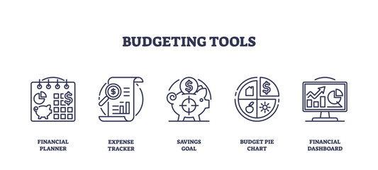 Fototapeta premium Outline icons set of budgeting tools including financial planner, expense tracker, savings goal, budget pie chart, and financial dashboard, preferably at the end of the sentence.