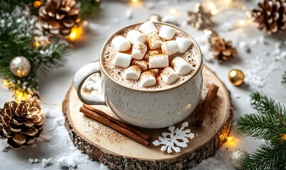 Fototapeta premium Christmas food, A cup of hot chocolate with marshmallows and cinnamon on top, Generative AI 