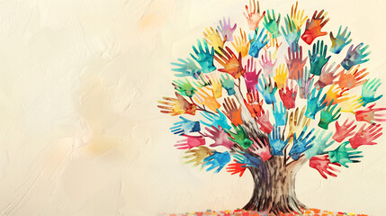 Colorful Hands Tree Illustration Symbolizing Community Conservation, Unity in Environmental Protection