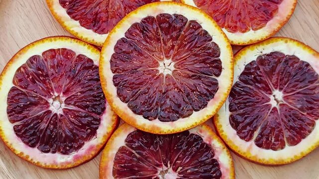 Close-up of a sliced juicy blood oranges.