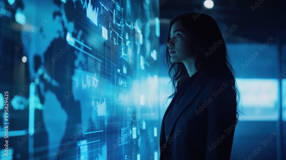 Poster a woman observes digital data visualizations in a high-tech environment.