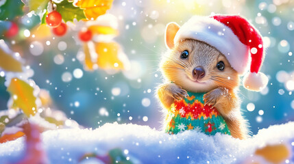 Quokka in Christmas Sweater, a playful quokka enjoying winter, wearing a Santa hat and festive sweater, embodies holiday cheer in a snowy, serene landscape.