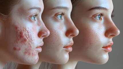 Close-up of skin healing stages during acne treatment, showing progressive improvement, realistic, detailed textures, soft lighting, medical illustration style, before-and-after split screen