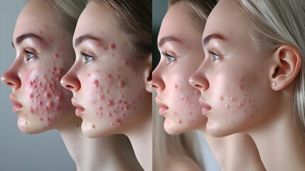 A series of four photos showing the gradual reduction of acne over 30 days, from inflamed skin to smooth complexion, captured through healthy eating