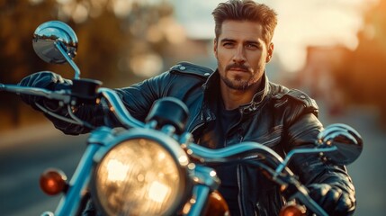 A man is riding a motorcycle with a leather jacket and a beard. He is wearing a leather jacket and gloves