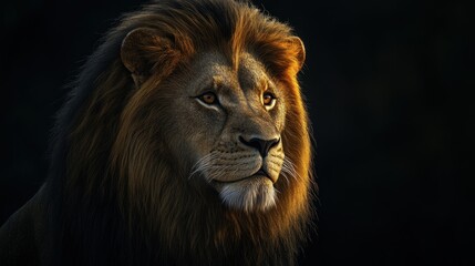 Naklejka premium Close-up portrait of a majestic lion with a golden mane against a black background.