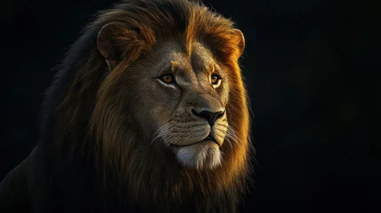 Papier peint photo Lion Close-up portrait of a majestic lion with a golden mane against a black background.  © Rere_Art151