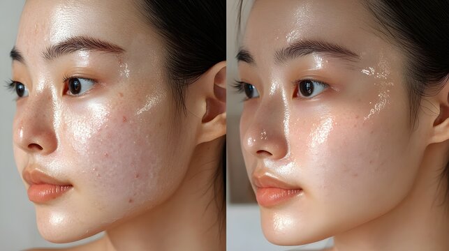 Acne-prone skin clearing over time in a time-lapse style, each day showing reduced inflammation, smoother texture, and more radiant complexion after diet change