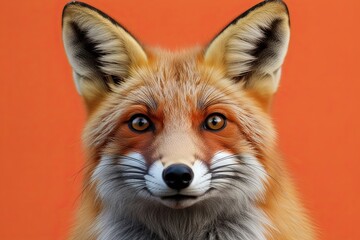 Fototapeta premium Bewildered Fox Close-Up with Vibrant Orange Background and Curious Expression