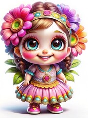 a cute, cartoon-style illustration of a little girl with large, expressive eyes and a big smile. She has light brown hair styled in two braids and is wearing a colorful headband adorned with large