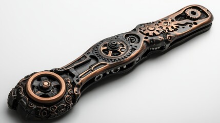 Steampunk-inspired bottle opener with intricate gears and metal textures, isolated on a clean white backdrop, dramatic shadows, space for text on the side