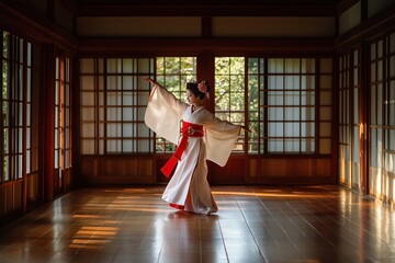 A woman in a kimono is dancing in a room with wooden floors