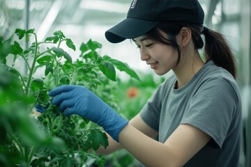 Fototapeta premium A woman is tending to a garden of plants, wearing a black hat and blue gloves
