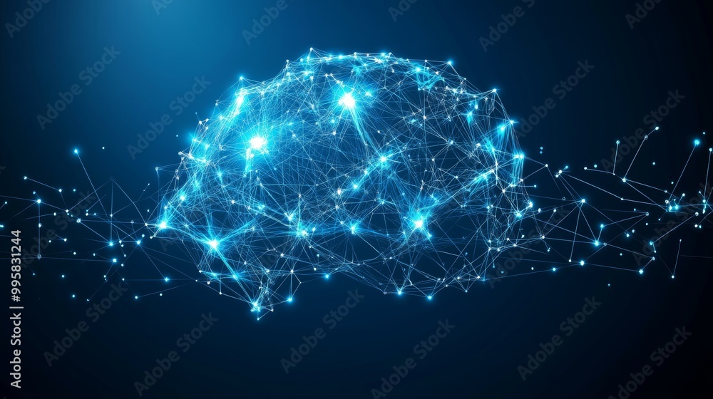 Aufkleber digital brain network artificial intelligence on blue background with lines, dots, triangles
