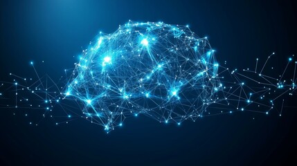 Digital Brain Network Artificial Intelligence on Blue Background with Lines, Dots, Triangles