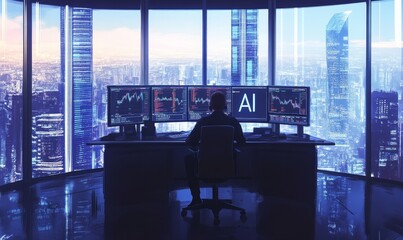 Man in office with AI monitors overlooking city.