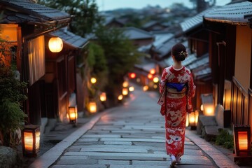 Fototapeta premium A woman in a red kimono walks down a street lit by lanterns