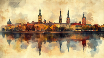 Riga, color pen pencil hand-drawn effect drawing illustration for travel poster, card, wallpaper, backdrop or banner. Modern, clear, artistic and simple