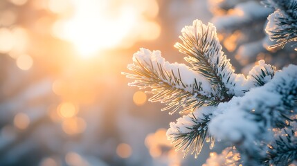 Beautiful close-up of frost-covered pine branches in winter, with the sun shining brightly behind them