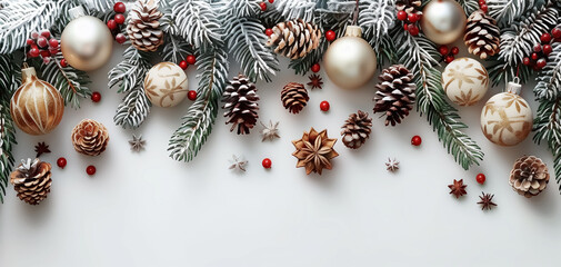 Close-up of new year decoration on white background, Christmas banner with balls and decorations on empty space