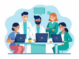Doctor hospital team medical document health medicine healthcare meeting teamwork laptop computer technology clinic office modern flat design simple vector illustration isolated transparent background