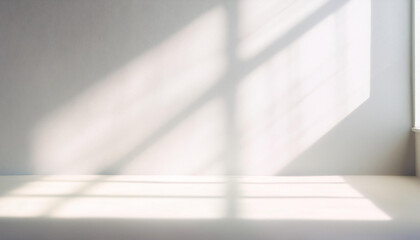 Abstract White Studio Background for Product Presentation with Window Shadows and Sunlight. Blurred Backdrop. Empty Room With Copy Space.