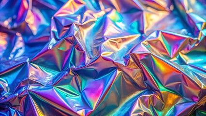 Crumpled holographic foil texture background, showcasing vibrant, iridescent rainbow colors