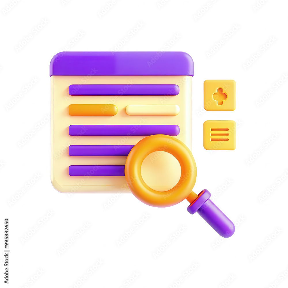 Poster a 3d rendered colorful user interface icon showing a search magnifying glass over a form layout with