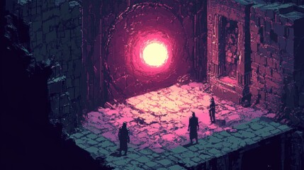 Fototapeta premium Two Silhouettes Standing Before a Glowing Portal in a Pixelated, Post-Apocalyptic Environment