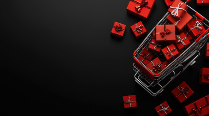 Trendy banner with shopping cart with gift boxes, black and red colors, copy space. Black friday sale. Generative AI