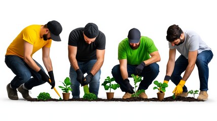 Teamwork Makes the Dream Work: Four diverse men in casual workwear collaborate on a gardening project, planting seedlings together.