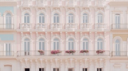 Obraz premium Bright pastel-colored buildings adorned with white windows and balconies overflowing with pink flowers evoke a dreamy summer feel under the clear blue sky