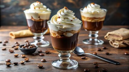 Three glasses with delicious coffee cocktails decorated with whipped cream and caramel topping are standing on a wooden table