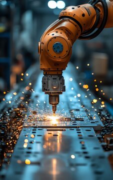 A robotic arm welding parts together in an automotive manufacturing plant, robotic welding, car production