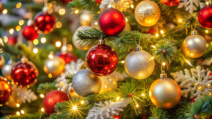 A close-up of a beautifully decorated Christmas tree with red, gold, and silver ornaments, and sparkling fairy lights.