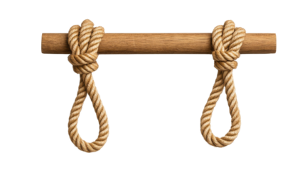 Rope knots attached to a wooden bar, white isolated background. PNG